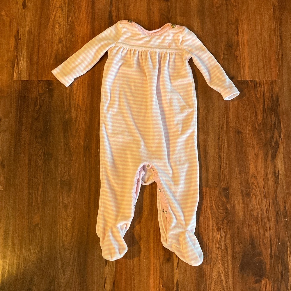 Ralph Lauren 9 mo pink and white striped sleeper bodysuit